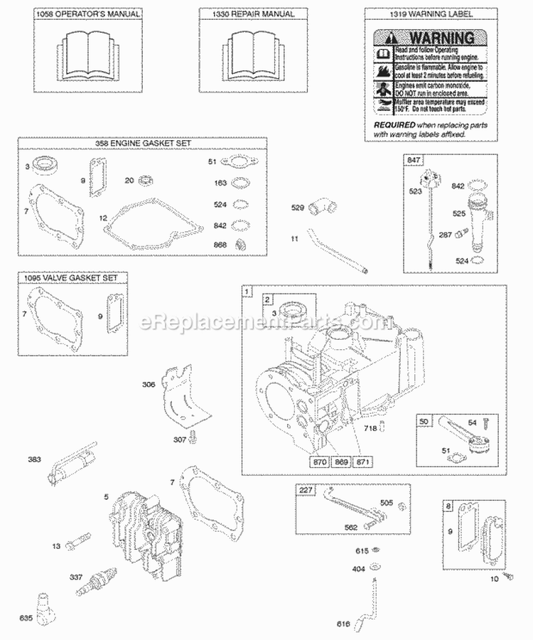 Cylinder Cylinder Head Gasket Set - Engine Gasket Set - Valve Lubrication OperatorS Manual Warning Label Diagram and Parts List for 10M912-0005-E1  Briggs and Stratton Engine